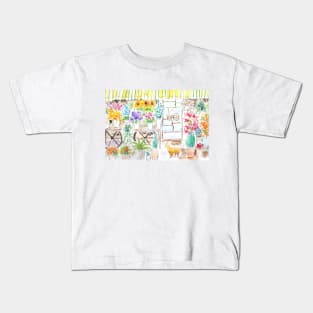 flower shop and cat ink and watercolor Kids T-Shirt